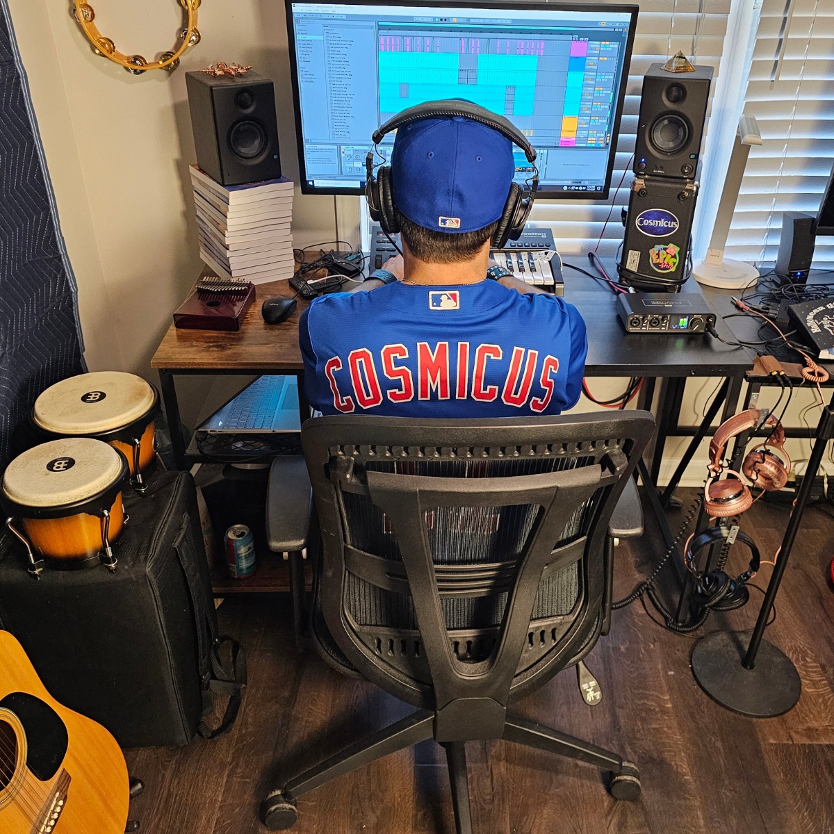 Cosmicus in Chicago Cubs Jersey at music production studio